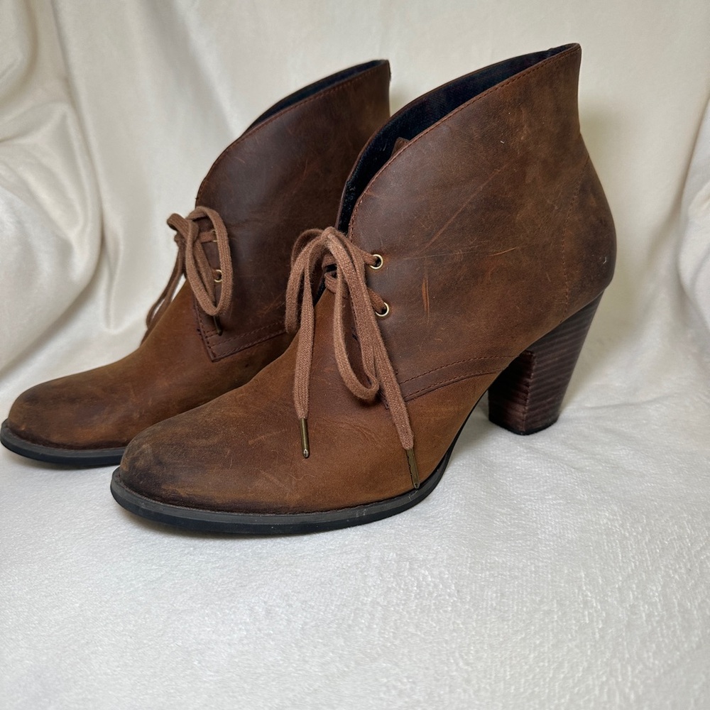 Brown Leather Ankle Boots with Lace Closure, Size 10M, 3" heel